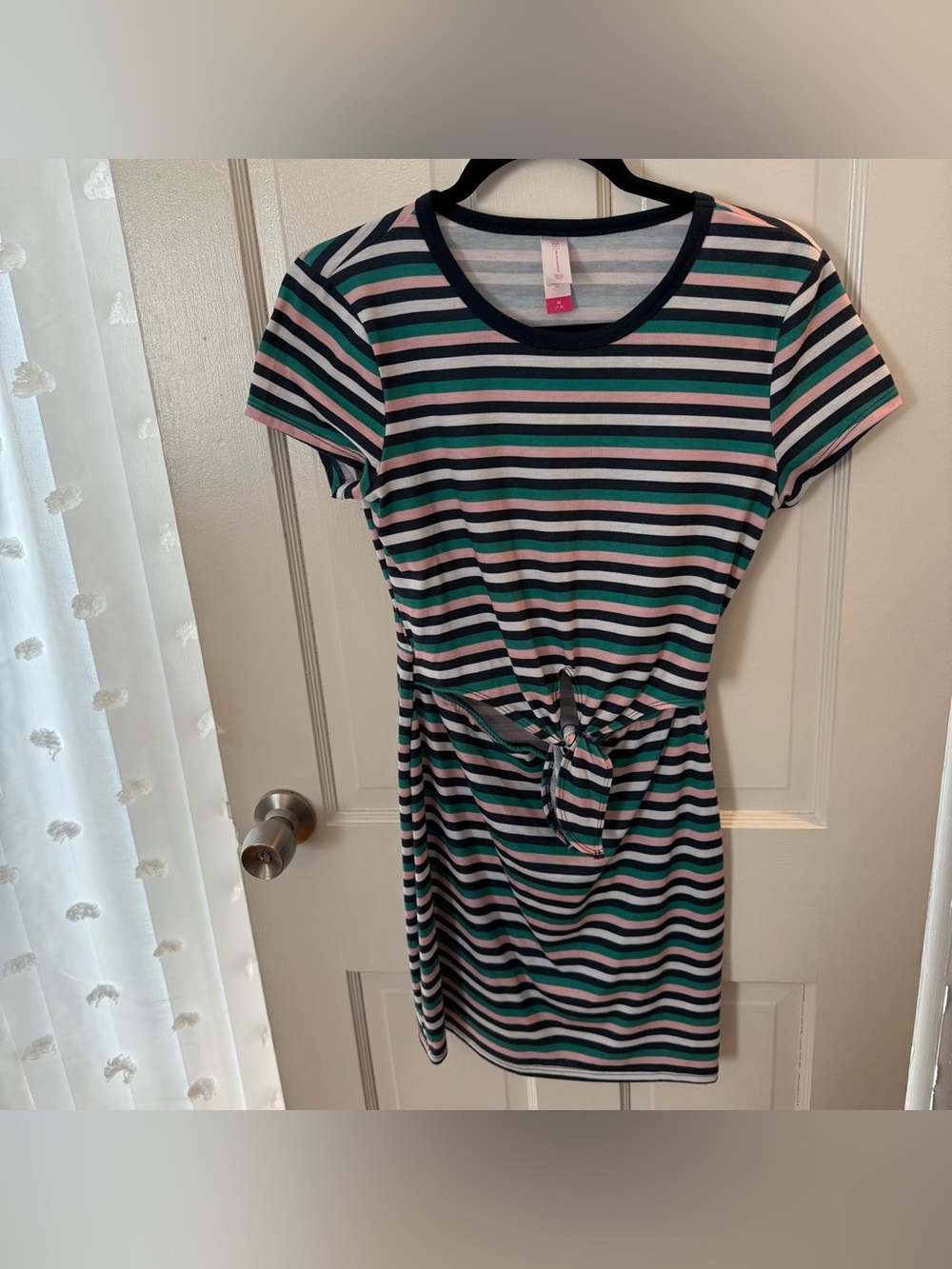 No Boundaries Striped Tie-Waist Dress in Navy, Teal, Pink, and White